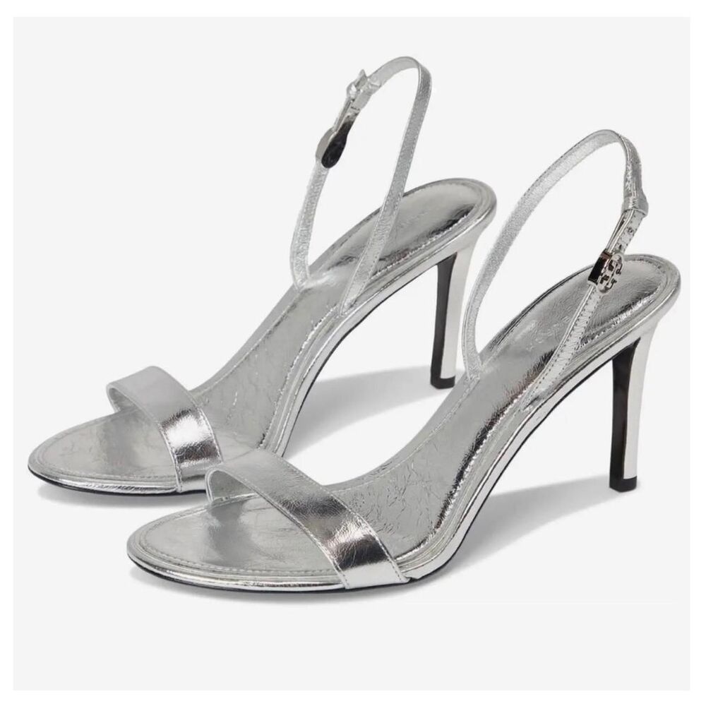 New Tory Burch Silver Metallic Leather Slingback Stiletto Sandals 8.5